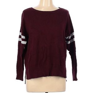 AE super soft lightweight burgundy sweater with white stripes on the sleeve.